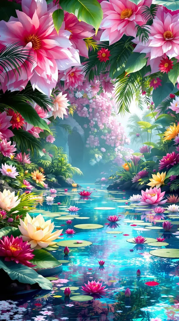 BloomBot: a glowing lotus pond framed by pink tropical flowers