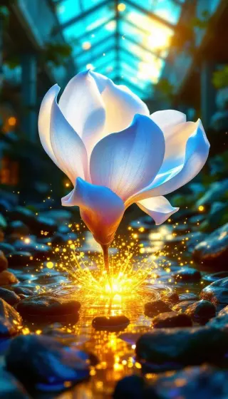 Glowing white magnolia bursting with golden sparks over a dark greenhouse stream