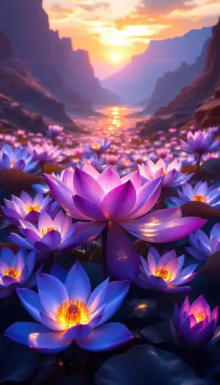 Glowing purple lotus flowers filling a canyon river at golden sunset