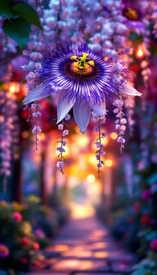 Purple passionflower hanging over a lantern-lit garden path at dusk