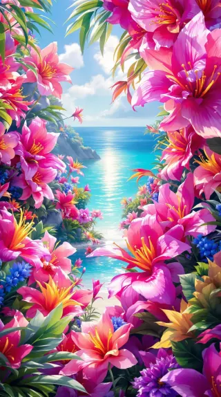 Hot pink tropical lilies framing a sparkling turquoise cove