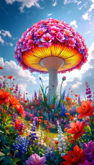 Giant glowing mushroom capped with pink blossoms above a wildflower meadow