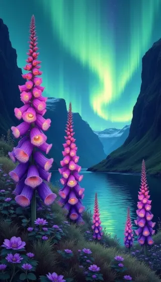 Tall magenta foxgloves beside a fjord under green northern lights