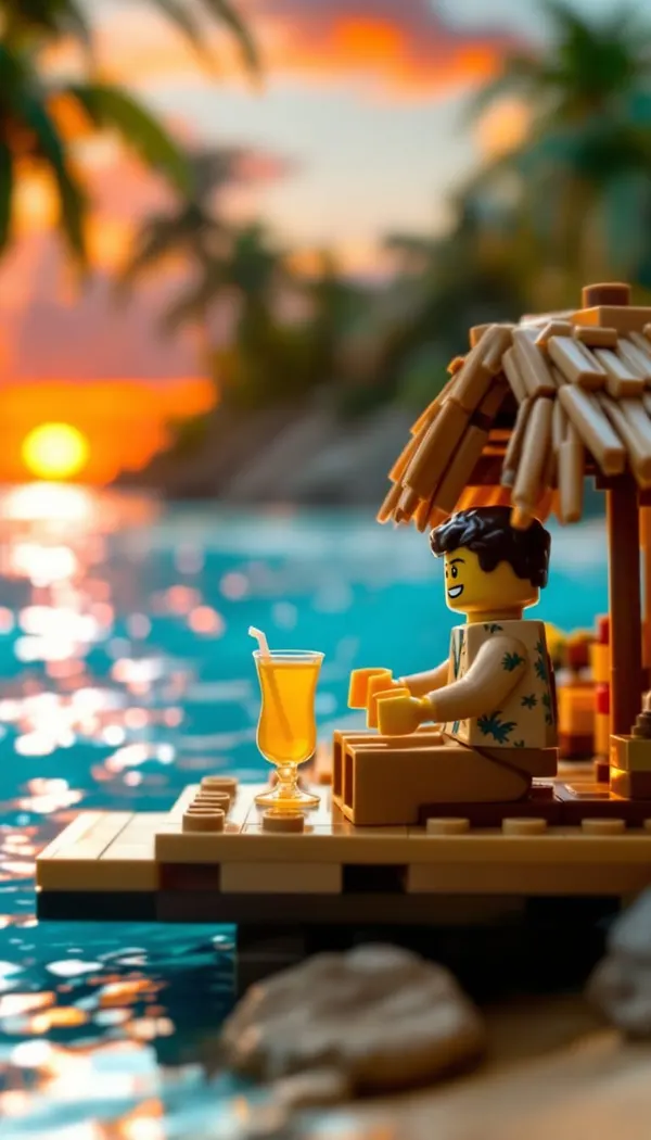 BrickBot: a brick-built figure at a beach hut bar at sunset
