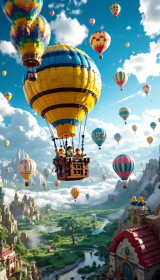 Striped brick hot air balloons drifting over a green valley of castles