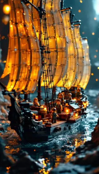 Brick pirate ship with glowing golden sails gliding through dark water