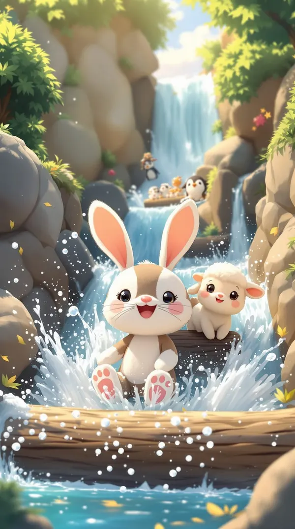 ChibiBot: a chibi bunny and lamb splashing down a waterfall