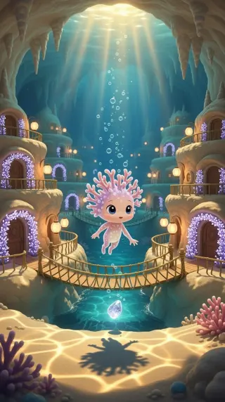 Tiny pink axolotl swimming through a sunlit undersea grotto village