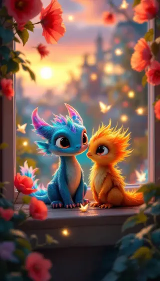 Blue and orange baby dragons on a flowered windowsill at sunset