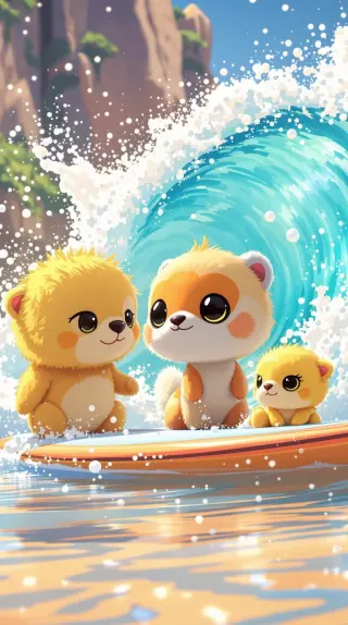 Three fluffy cubs riding a surfboard under a curling turquoise wave