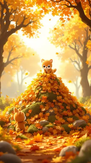 Fox cub perched atop a golden pile of autumn leaves