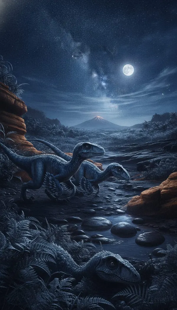 DinoBot: raptors crossing a moonlit prehistoric riverbed