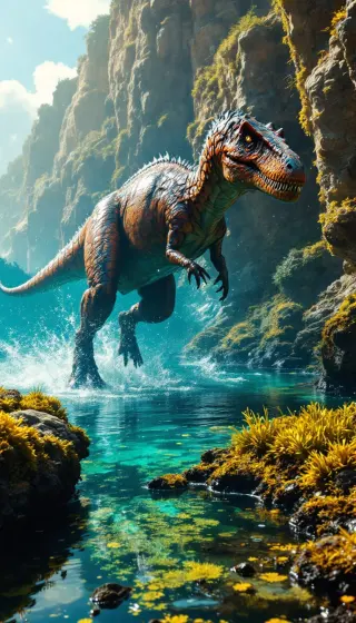 Bronze predator dinosaur splashing through a sunlit turquoise lagoon below cliffs