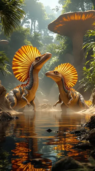 Two dinosaurs with glowing golden fan crests facing off in a jungle pool