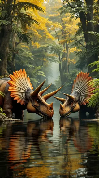 Two frilled horned dinosaurs drinking from a mirror-still jungle river
