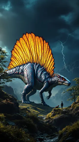 Sail-backed dinosaur with a blazing golden sail under a lightning storm