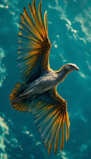 Golden-winged feathered dinosaur soaring above a bright turquoise sea