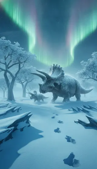 Frosted horned dinosaur and calf crossing snow beneath green northern lights