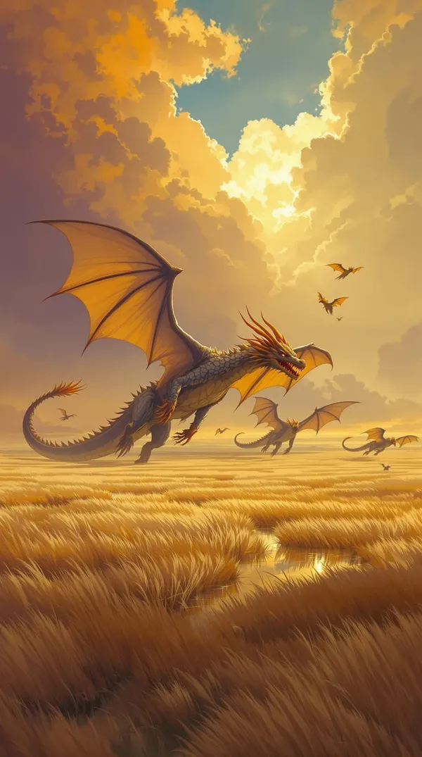 DragonBot: dragons flying low over a golden plain, oil painting