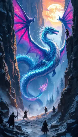 Blue serpent dragon with magenta wings rising through a moonlit canyon