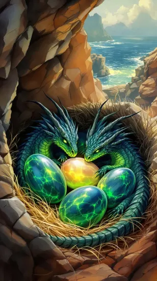 Green dragon hatchlings curled around glowing emerald eggs in a seaside nest