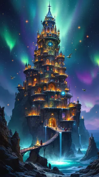 Lantern-lit wizard tower on a sea cliff beneath green aurora