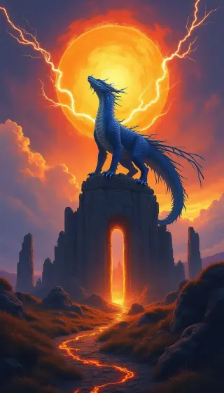 Blue dragon perched on a stone arch before a blazing lightning sun