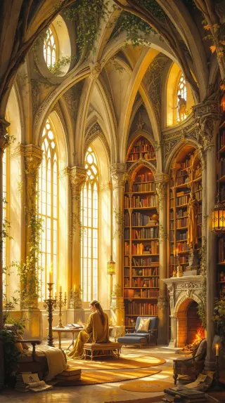 Sunlit cathedral library with tall arched windows and a reader by the fire