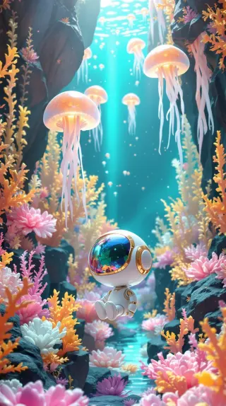 DreamBot drifting through a glowing coral reef beneath pink jellyfish