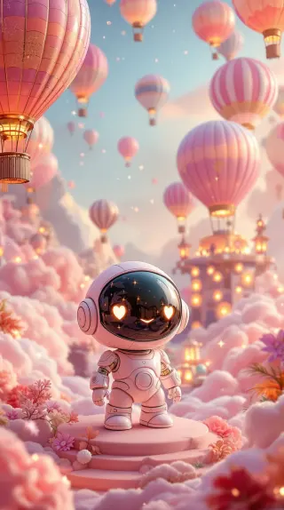 DreamBot with heart eyes among pink hot air balloons and clouds