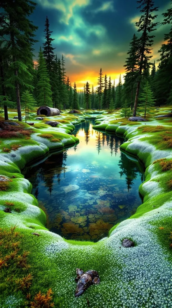 EarthBot: a still forest pool edged with bright moss at sunset