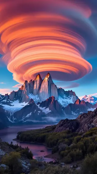 Swirling coral lenticular cloud crowning jagged granite spires above a valley lake