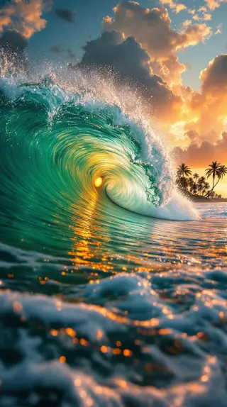 Emerald wave curling into a glowing sunlit barrel beside a palm island
