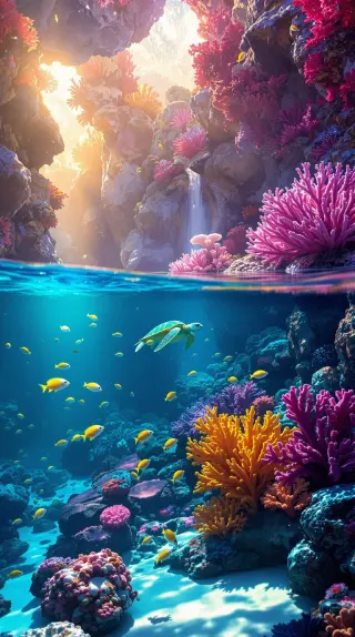 Split view of a sea turtle over a coral reef beneath a waterfall