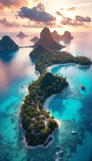 Aerial view of a jungle island chain winding through turquoise lagoons