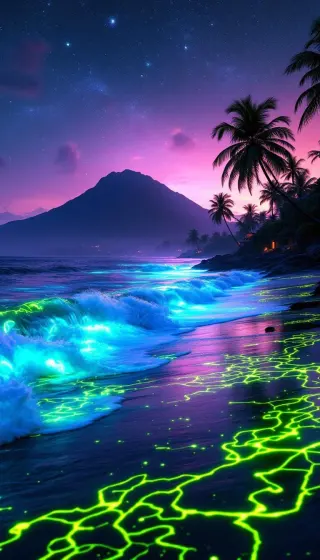 Bioluminescent waves glowing neon on a volcanic beach under purple night sky