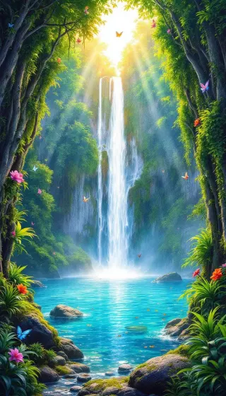 Sunbeams pouring onto a jungle waterfall and turquoise pool with butterflies