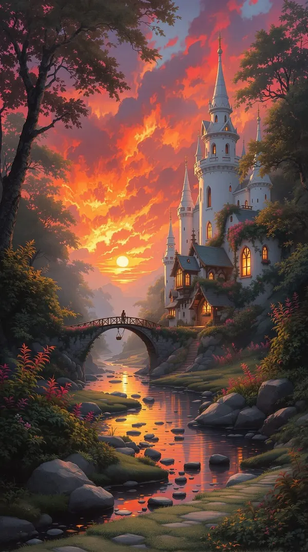 FaeBot: a white fairy castle above a stone bridge at sunset, painting