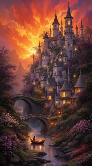 Lantern-lit castle village above a river under a blazing orange sky