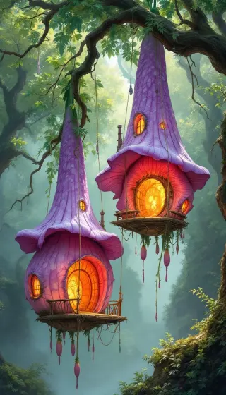 Pink bellflower cottages with glowing round windows hanging from a tree