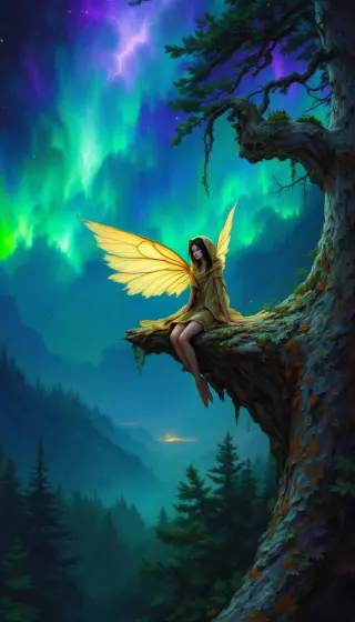 Golden-winged fairy on a cliffside tree beneath green northern lights