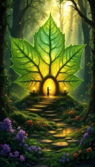 Giant glowing green leaf doorway at the top of mossy stone steps