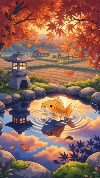 Golden koi in an autumn pond under red maples and a stone lantern