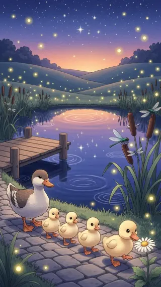 Mother duck leading ducklings past a firefly pond at dusk