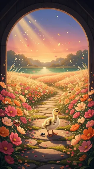 Duckling on a stone path through glowing sunset wildflowers