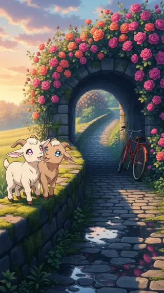 Two baby goats beside a rose covered stone tunnel in golden light