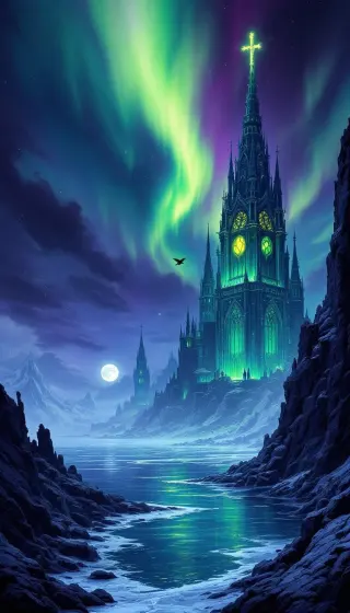 Green-lit gothic castle above an icy fjord under swirling northern lights
