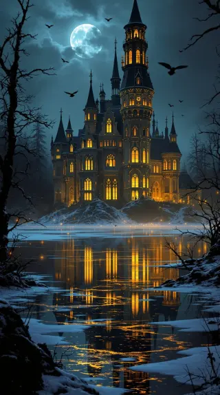 Golden-windowed gothic castle reflected in a half-frozen moonlit lake