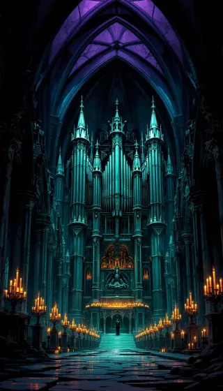 Teal pipe organ glowing in a candlelit gothic cathedral nave