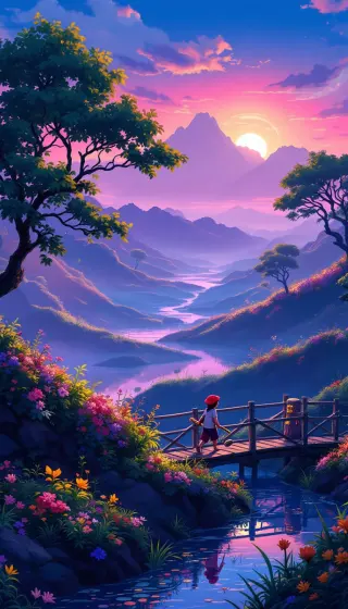 Purple mountain valley at sunset with a wooden footbridge and wildflowers
